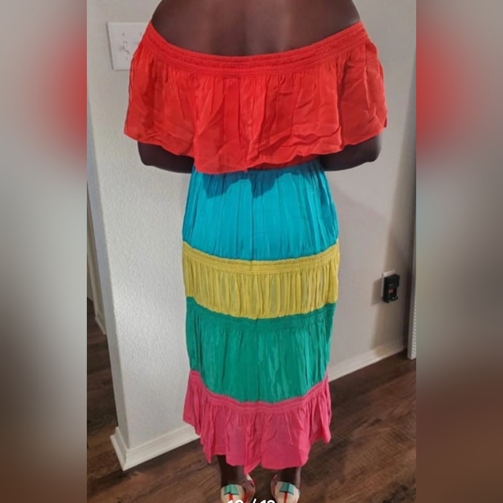 Alice + Olivia Kia Smocked Rainbow Cold-Shoulder Dress Size 10 - Picture 10 of 12